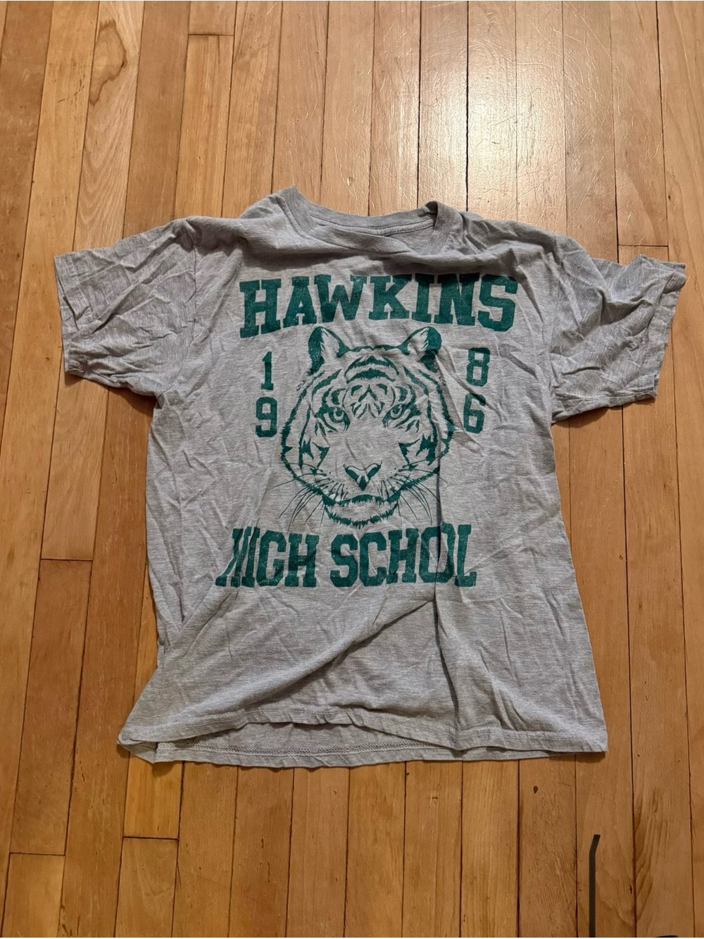 Hot Topic Gray Tee with Green Hawkins High School Tiger Graphic
